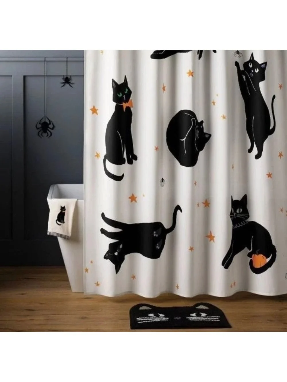 Hide and Eek! Boutique Halloween Shower Curtain with Black Cats, Glows in the D